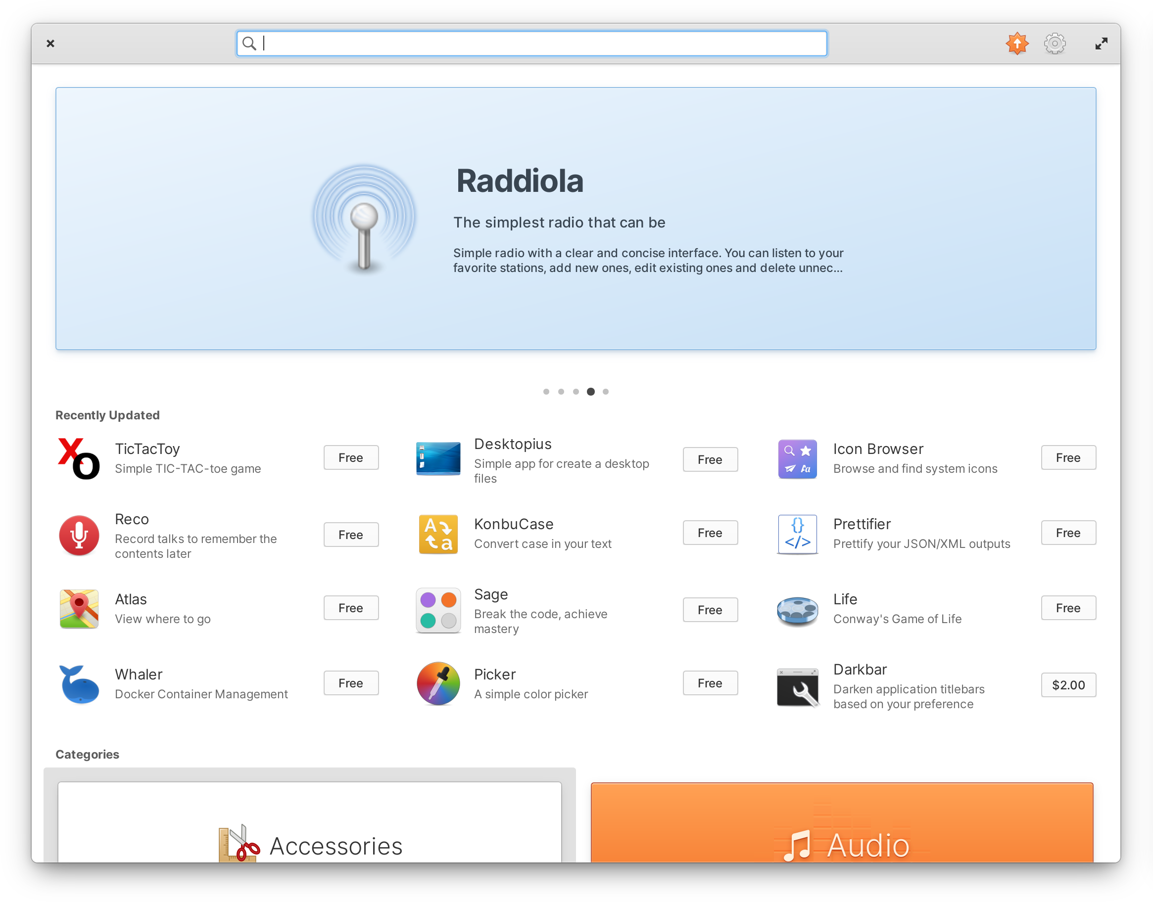 الصفحة الرئيسية ل آب سنتر elementary OS